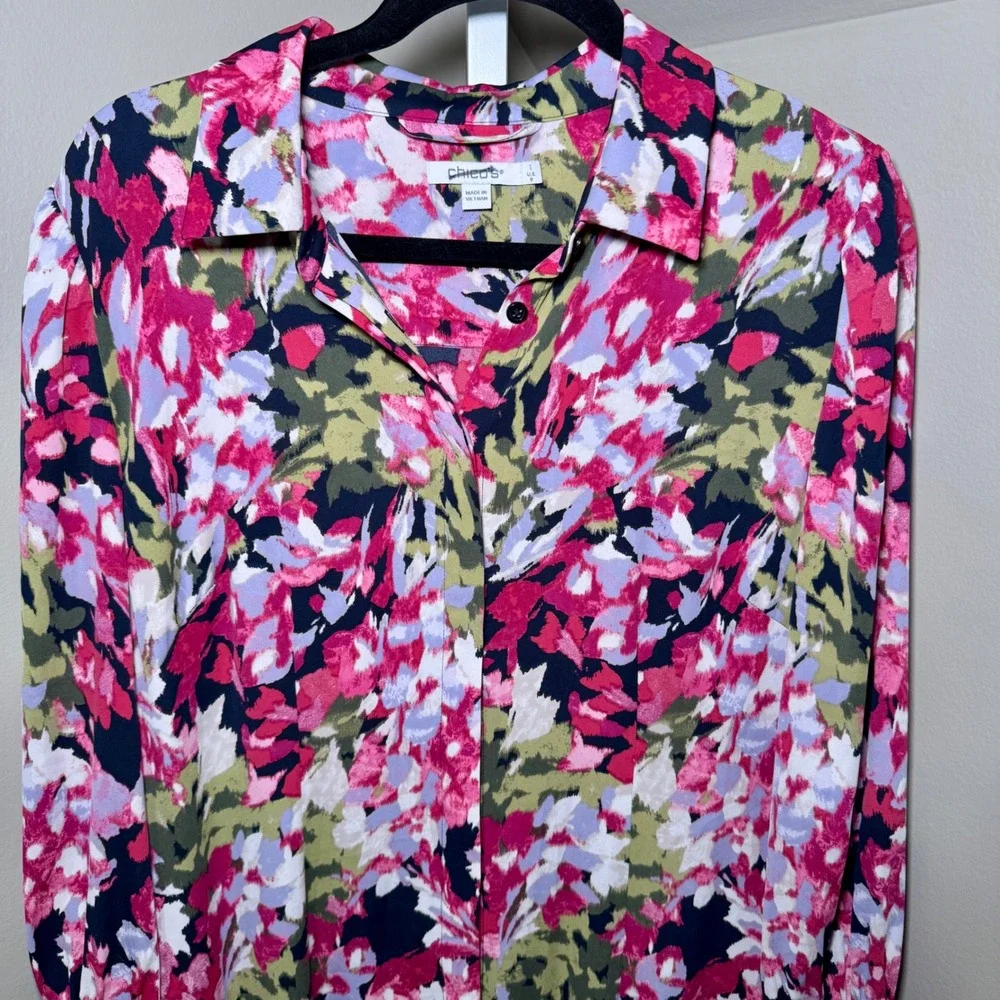 Chicos Floral Button Down Maxi Shirt Dress Pink Purple Olive Size 1 - Picture 3 of 8